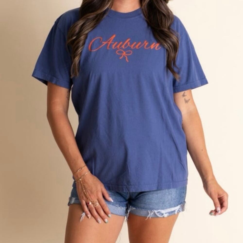 NEW Comfort Colors Auburn College Bow Graphic TShirt Blue Heavyweight Cotton Tee